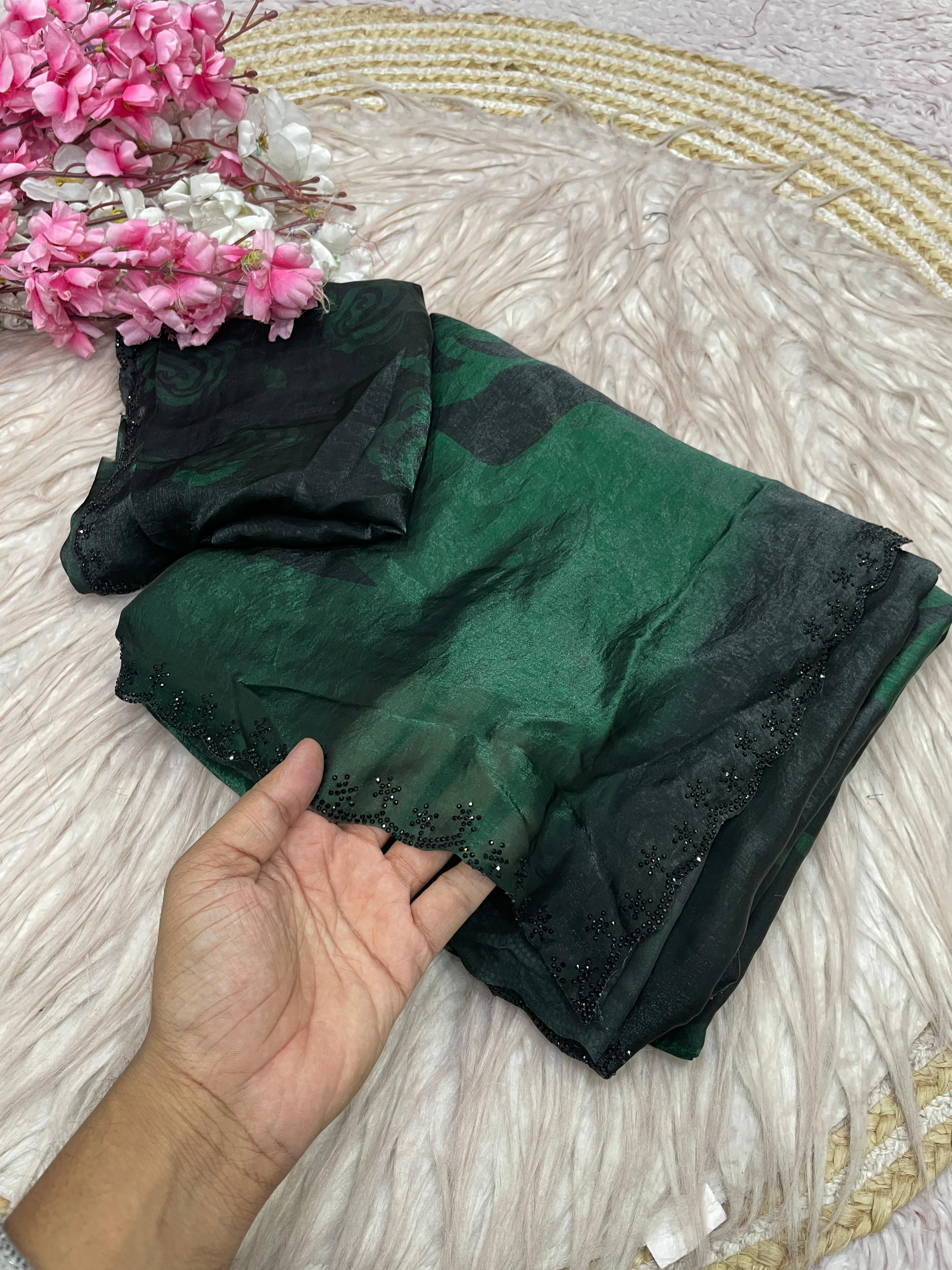 Emerald Bloom Space Silk Digital Floral Jarkan Work Saree